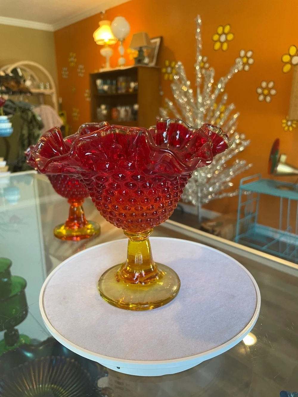 Vintage Fenton Amberina Hobnail Compote UV Reactive Ruffled Pedestal